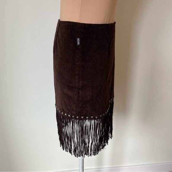 Moschino Vintage Brown Cotton Corduroy Studded 1990s Y2K Fringe Mini Skirt EUC 4 - Picture 4 of 11
